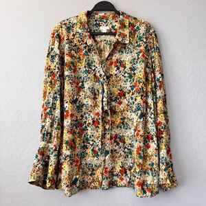 J Jill Floral Button Down‎ Shirt Top Women's 4X Long Sleeve Beige Multicolor